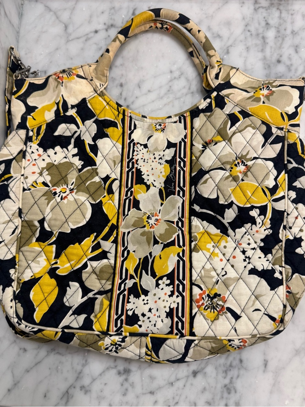 Vera Bradley Quilted Floral Tote in Yellow, Black & Cream